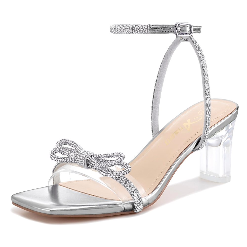 Athlefit Rhinestone Bow Block Heel Sandal in Silver