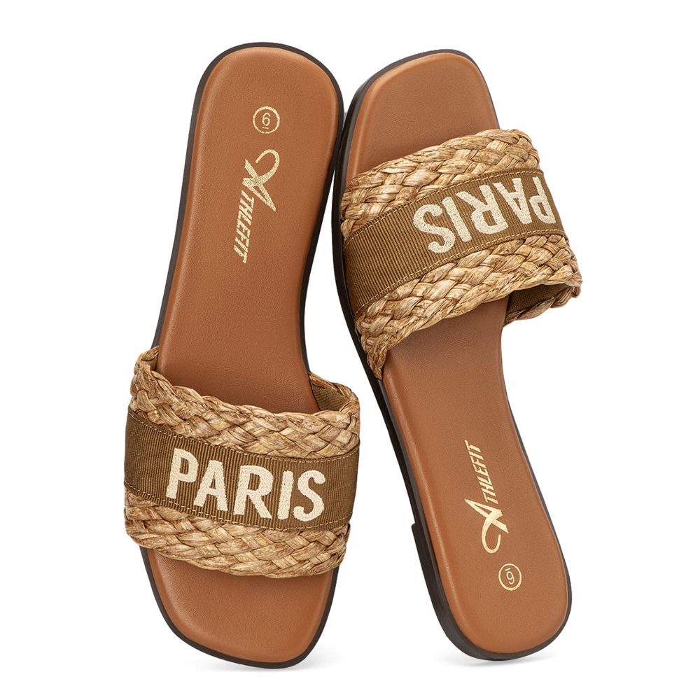 Athlefit Embroidered Strap Slide in Brown Raffia