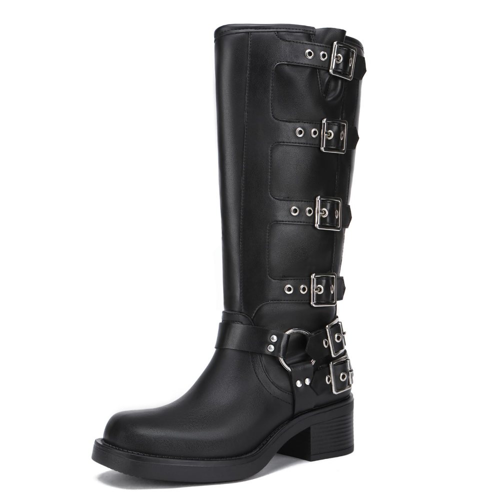 Athlefit Buckle Moto Knee-High Boot in Black