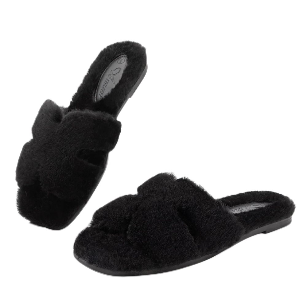 Athlefit Fuzzy Crossband Slide Slipper in Black