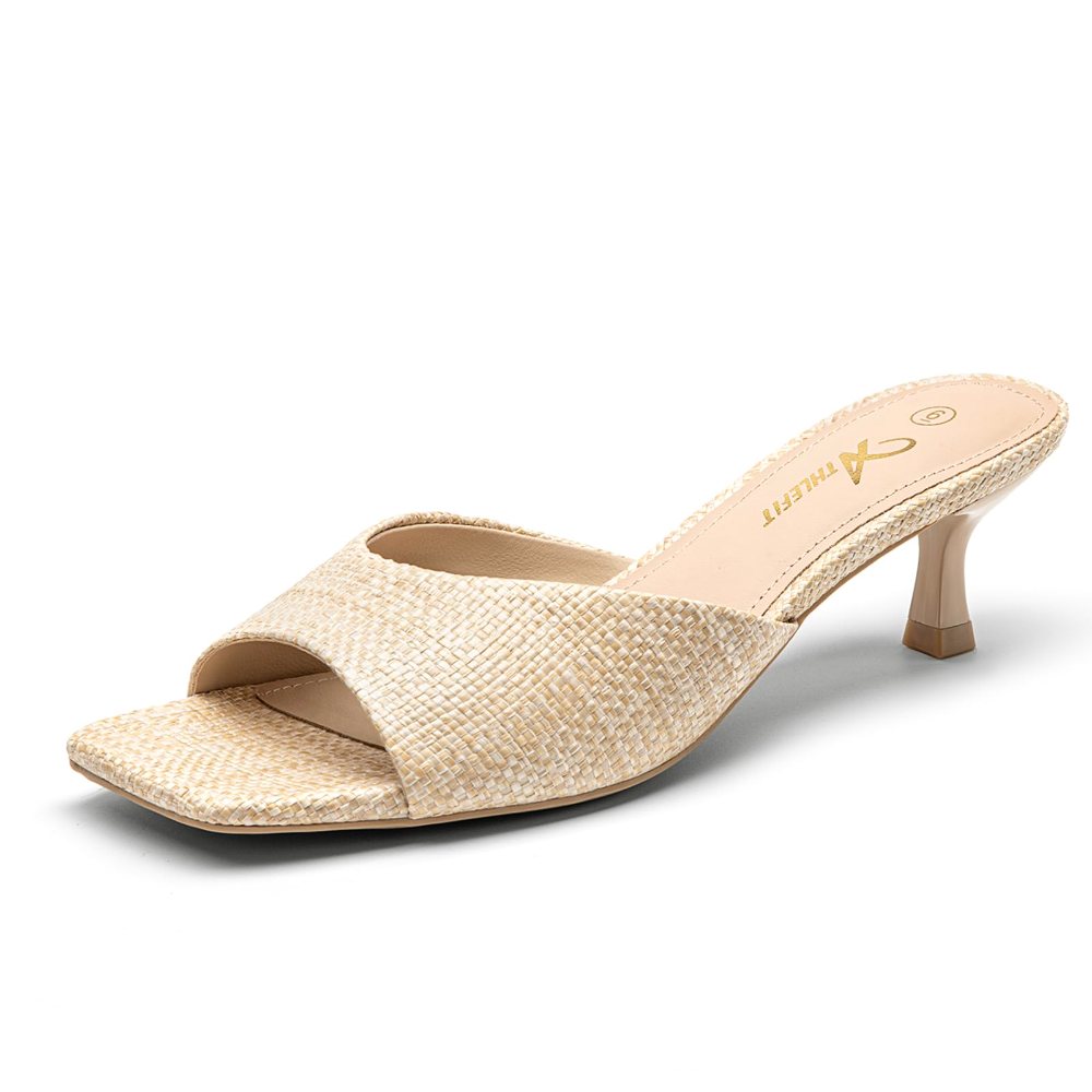 Athlefit Square Toe Kitten Heel Mule in Natural Raffia