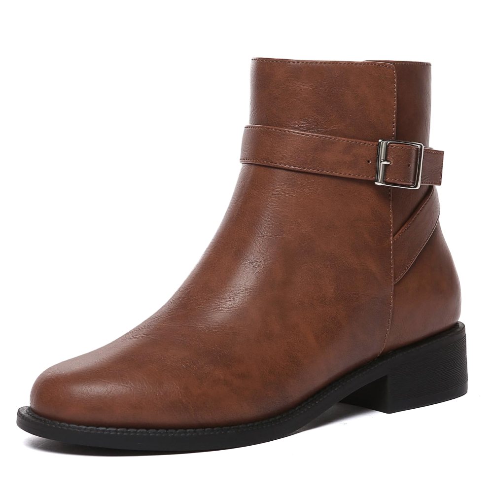 Athlefit Buckle Strap Low Heel Ankle Boot in Brown