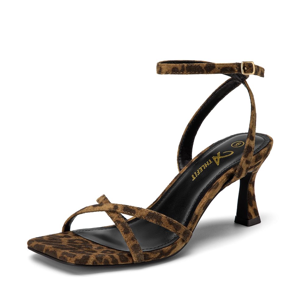 Athlefit Strappy Open Toe Kitten Heel in Leopard Suede