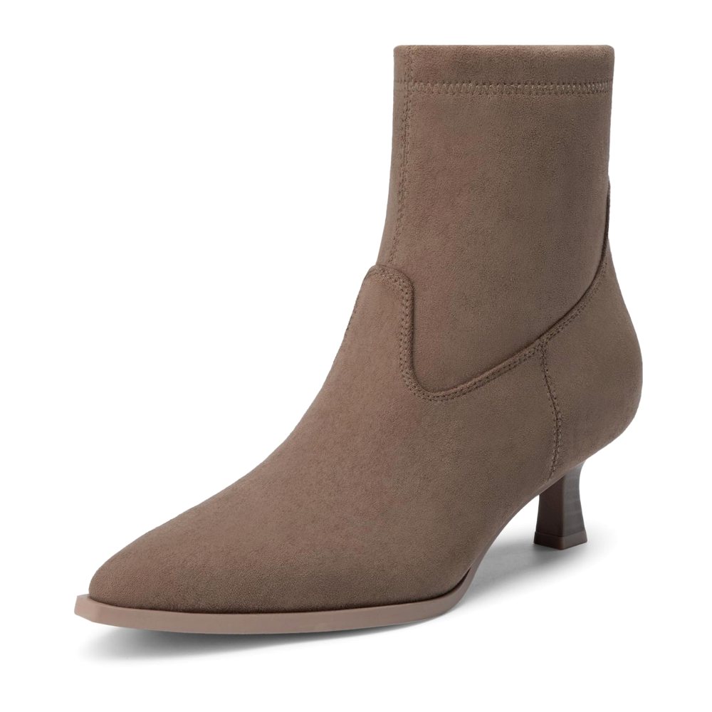 Athlefit Pointed Toe Kitten Heel Bootie in Brown Suede