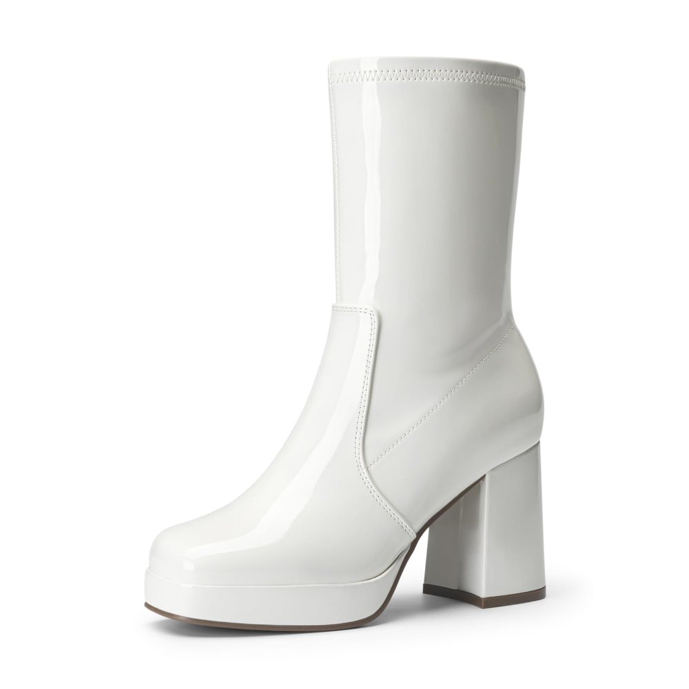 Athlefit Stretch Mid Calf Block Heel Boot in White Patent