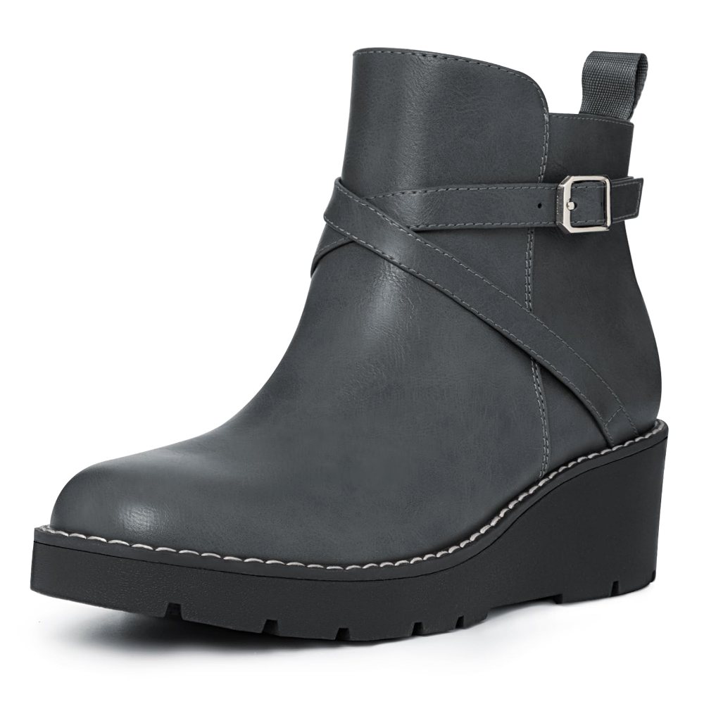 Athlefit Buckle Lug Sole Wedge Bootie in Grey