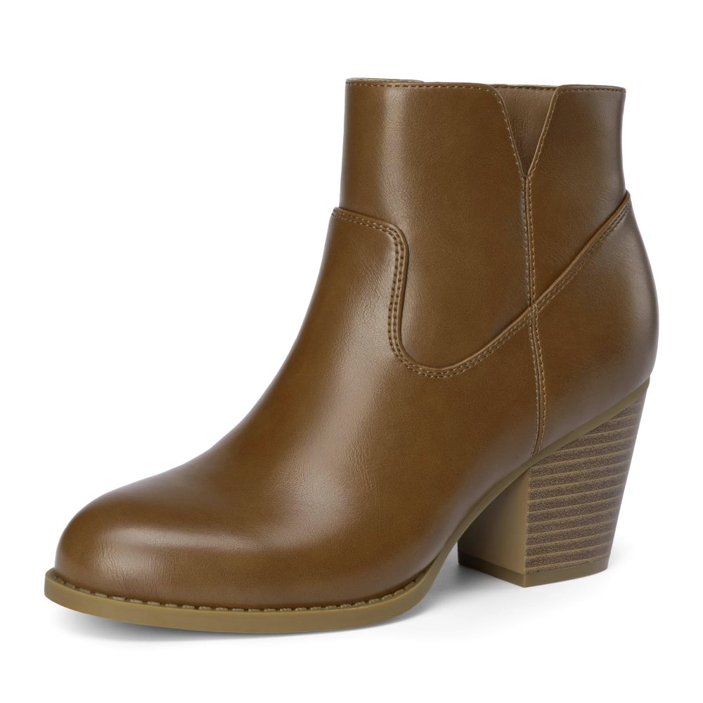 Athlefit Round Toe Stacked Heel Bootie in Tan