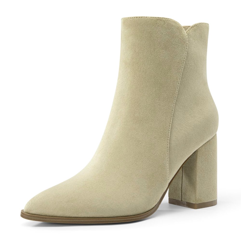 Athlefit Pointed Toe High Block Heel Bootie in Sand Suede