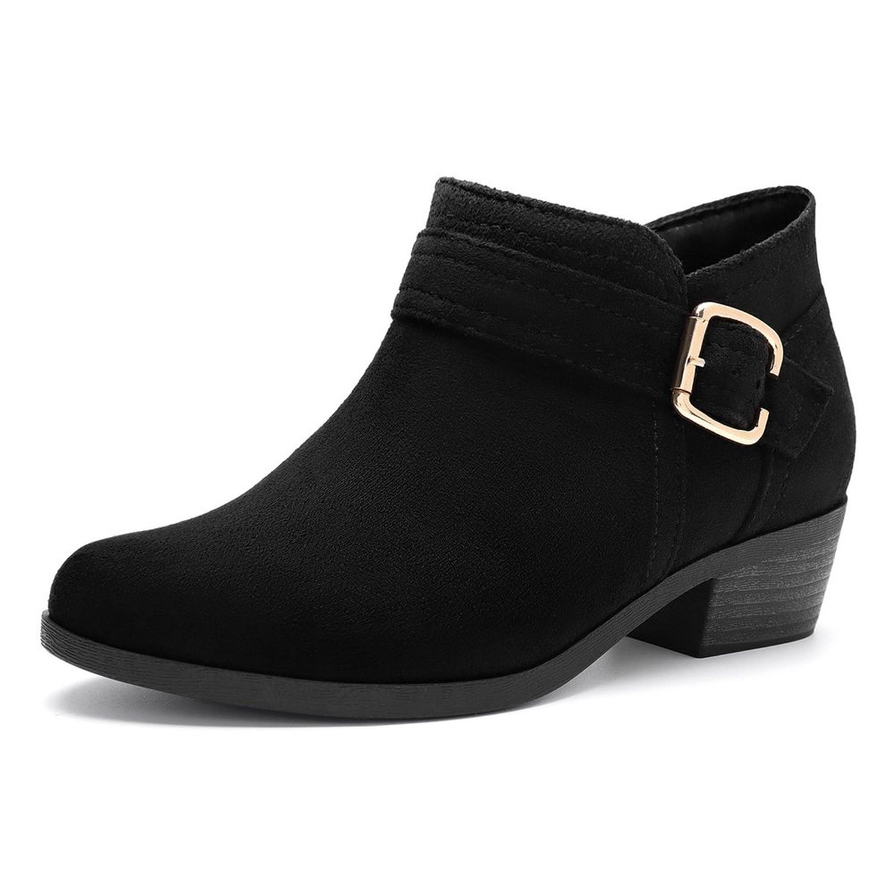 Athlefit Buckle Low Block Heel Bootie in Black Suede