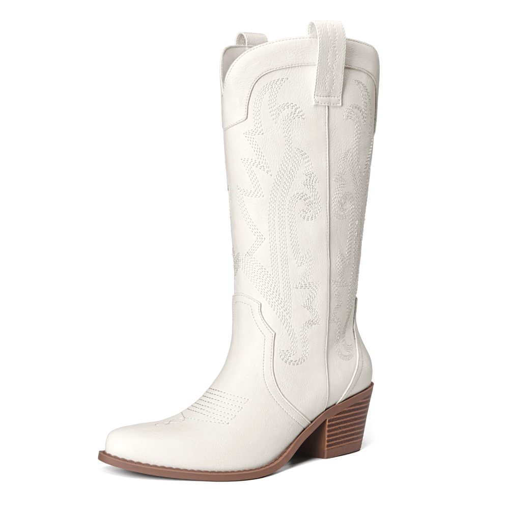 Athlefit Embroidered Pointed Toe Cowboy Boot in All White