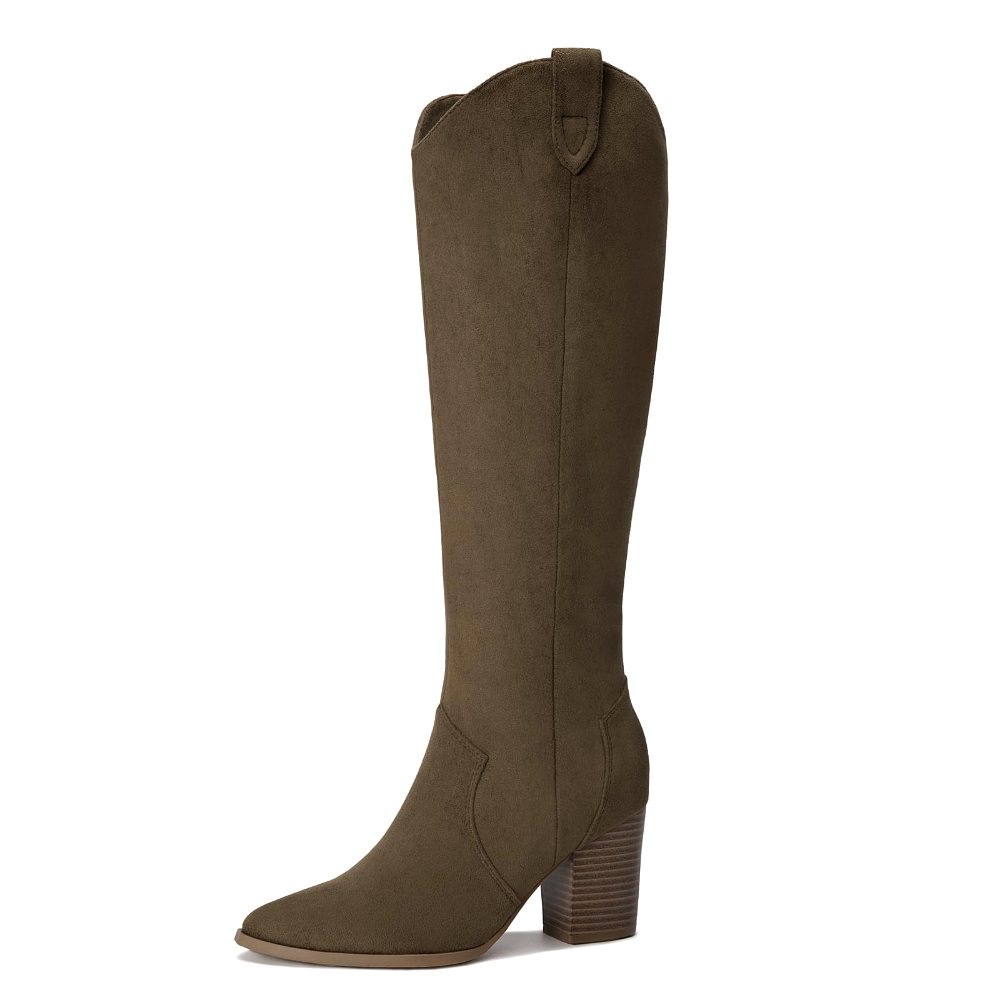 Athlefit Pointed Toe Suede Knee-High Boot in Olive Green Suede