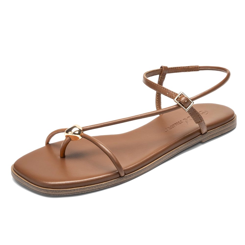 Athlefit Ankle Strap Thong Flat Sandal in Brown