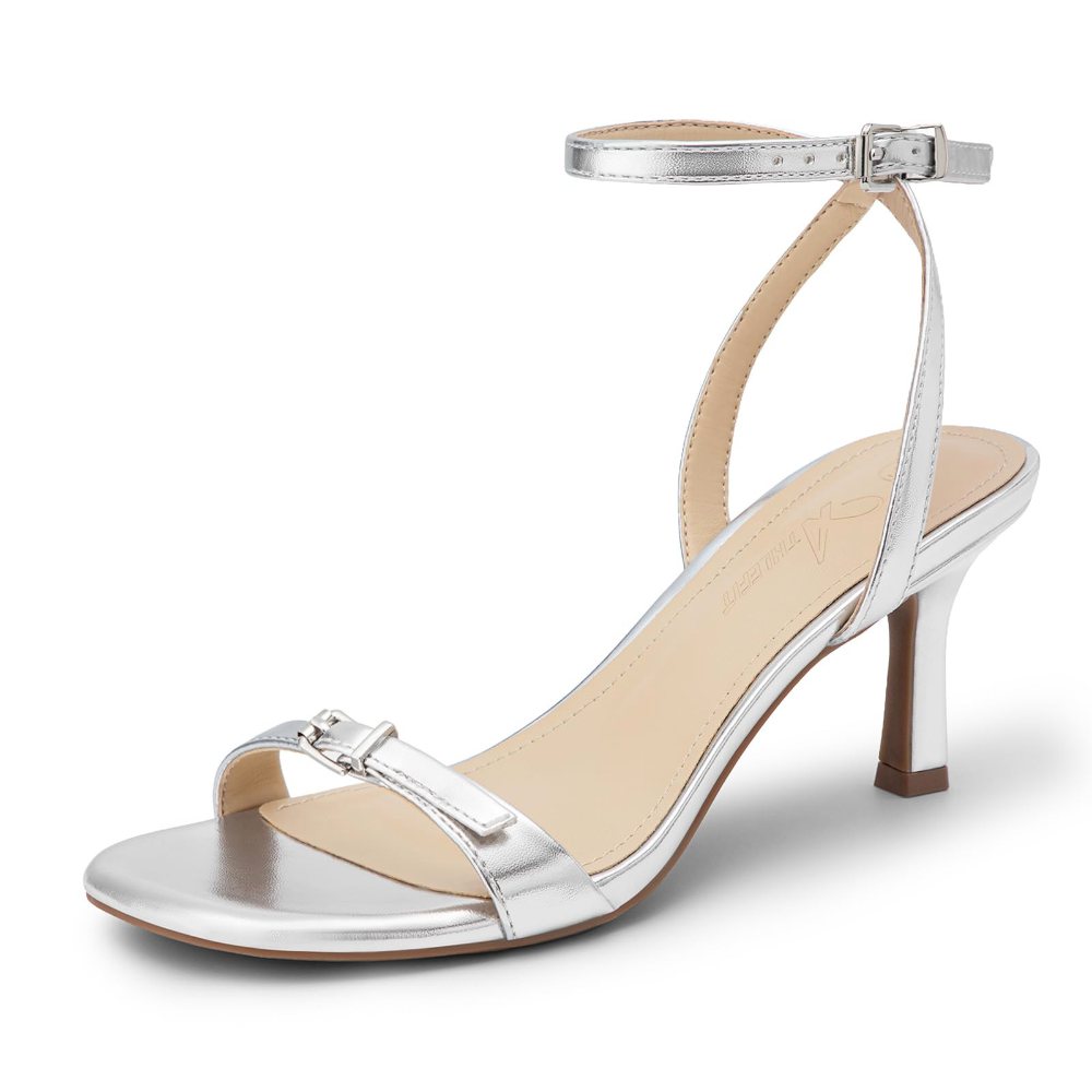 Athlefit Horsebit Ankle Strap Kitten Heel in Silver