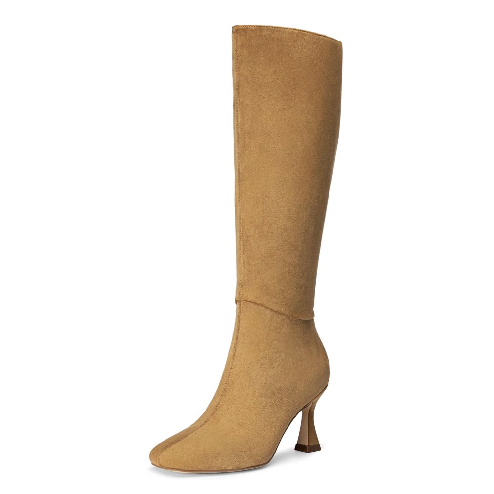 Athlefit Kitten Heel Knee-High Boot in Khaki Suede