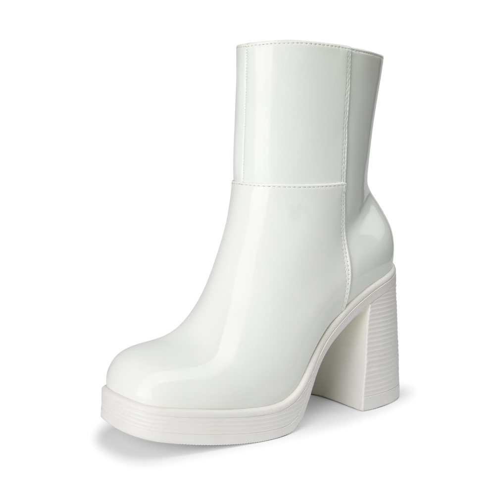 Athlefit High Block Heel Platform Ankle Boot in White Patent