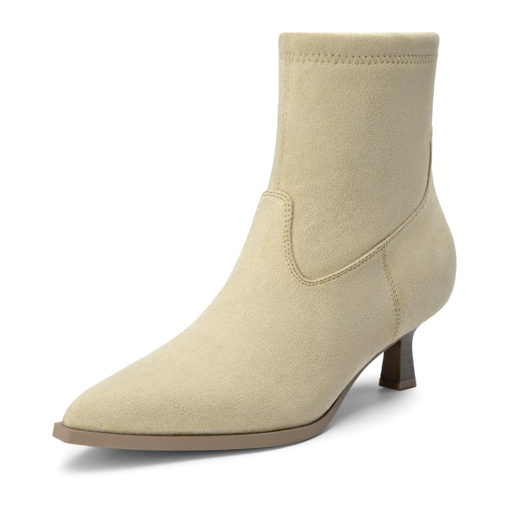 Athlefit Pointed Toe Kitten Heel Bootie in Nude Suede
