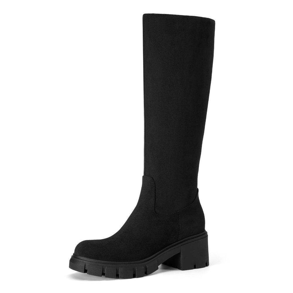 Athlefit Lug Sole Platform Knee-High Boot in Black Suede