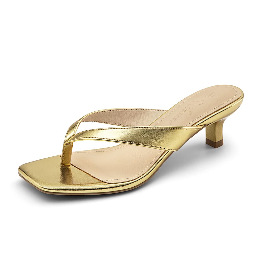 Athlefit Square Toe Kitten Heel Flip-Flop in Gold