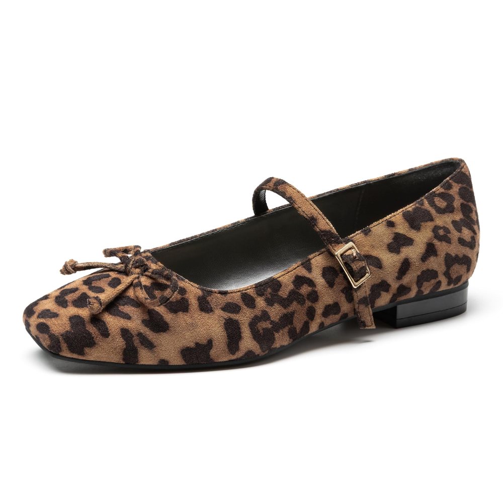 Athlefit Square Toe Bow Mary Jane Flat in Leopard