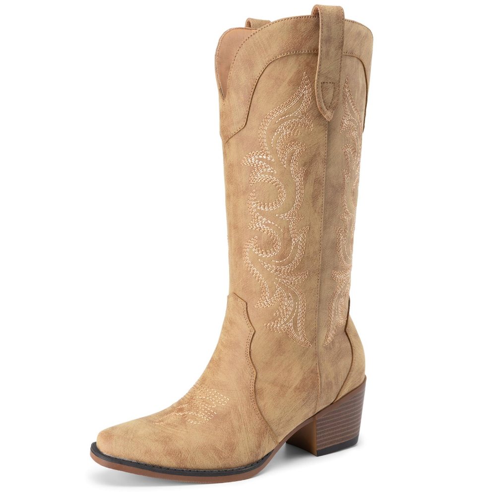 Athlefit Embroidered Pointed Toe Cowboy Boot in Camel
