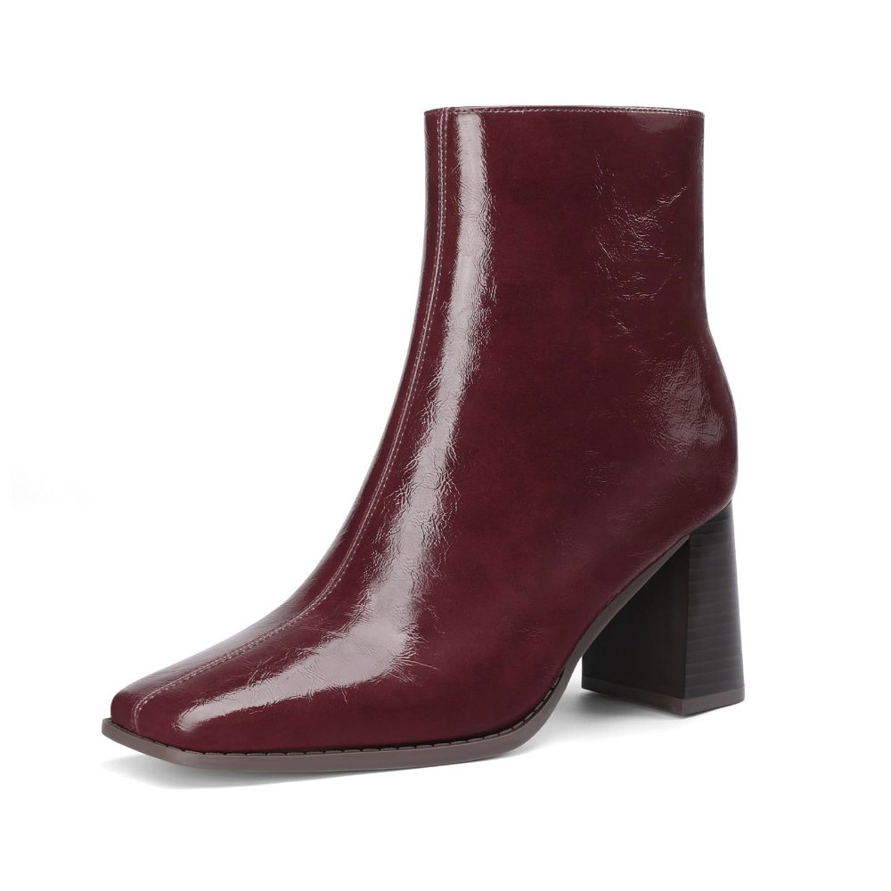 Athlefit Square Toe High Block Heel Bootie in Burgundy Patent