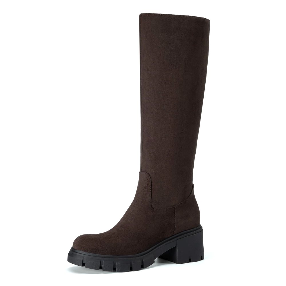 Athlefit Lug Sole Platform Knee-High Boot in Chocolate Suede