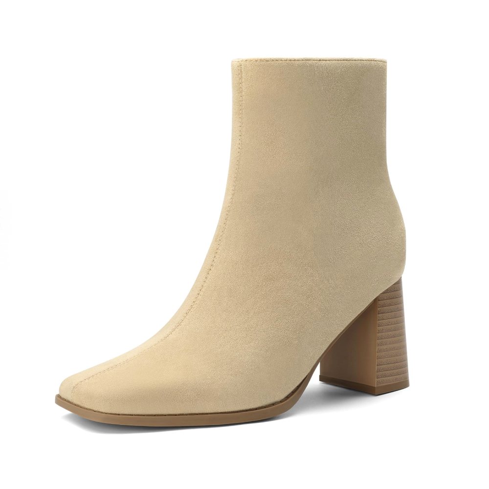 Athlefit Square Toe High Block Heel Bootie in Nude Suede