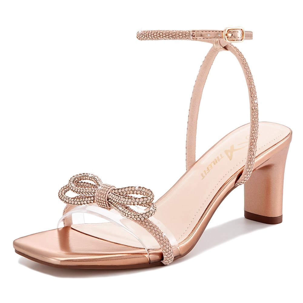 Athlefit Rhinestone Bow Block Heel Sandal in Champagne