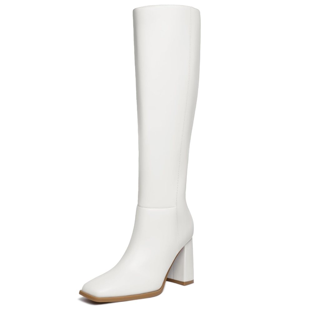 Athlefit Square Toe Block Heel Knee-High Boot in White