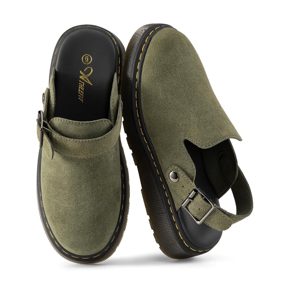 Athlefit Back Strap Suede Clog in Olive Green