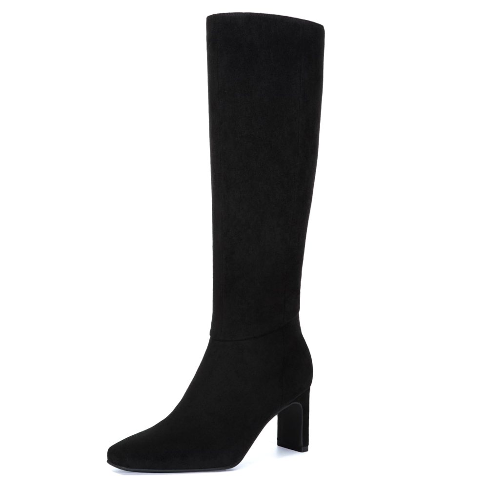 Athlefit Wide Calf Square Toe Knee-High Boot in Black Suede