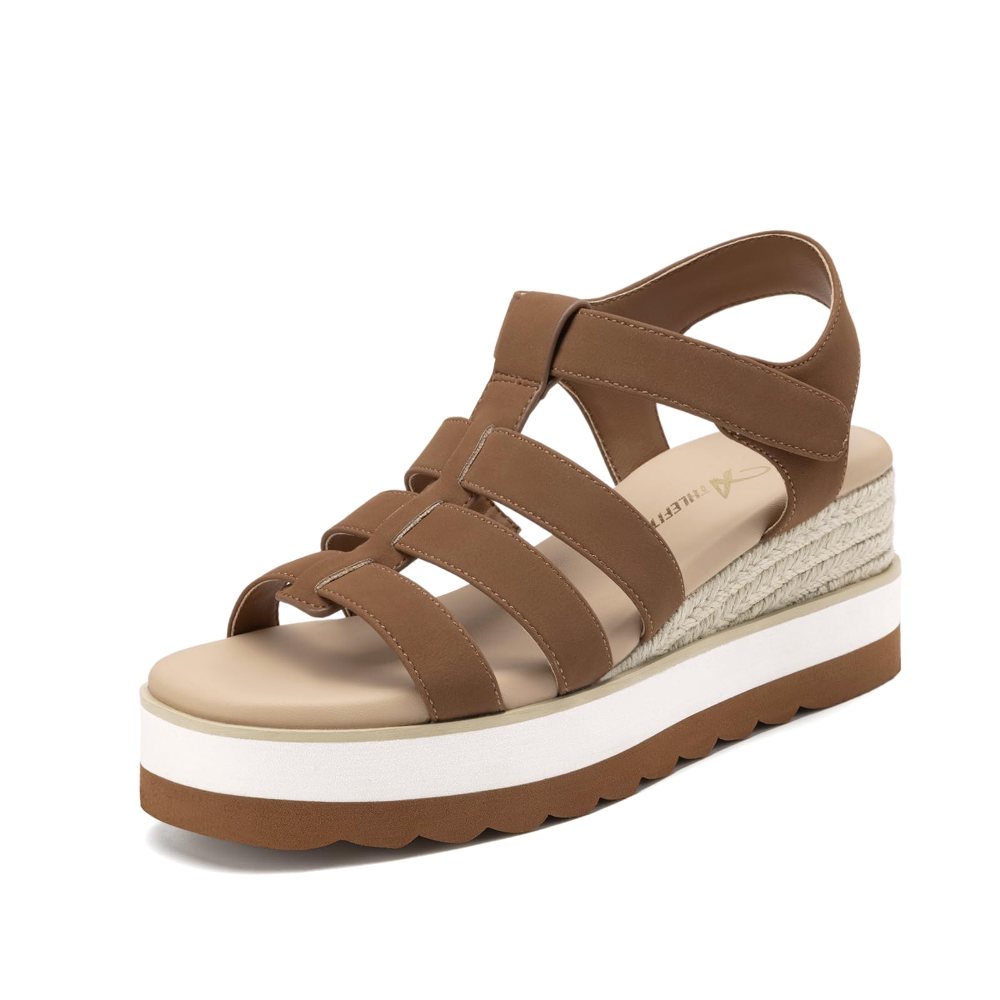 Athlefit Four Strap Espadrille Low Wedge in Brown