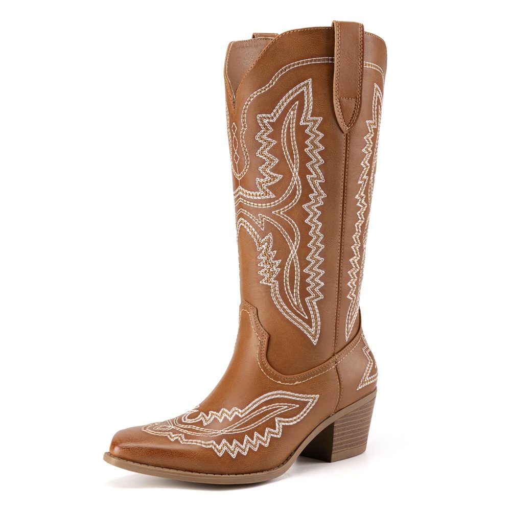 Athlefit Embroidered Square Toe Cowboy Boot in Tan