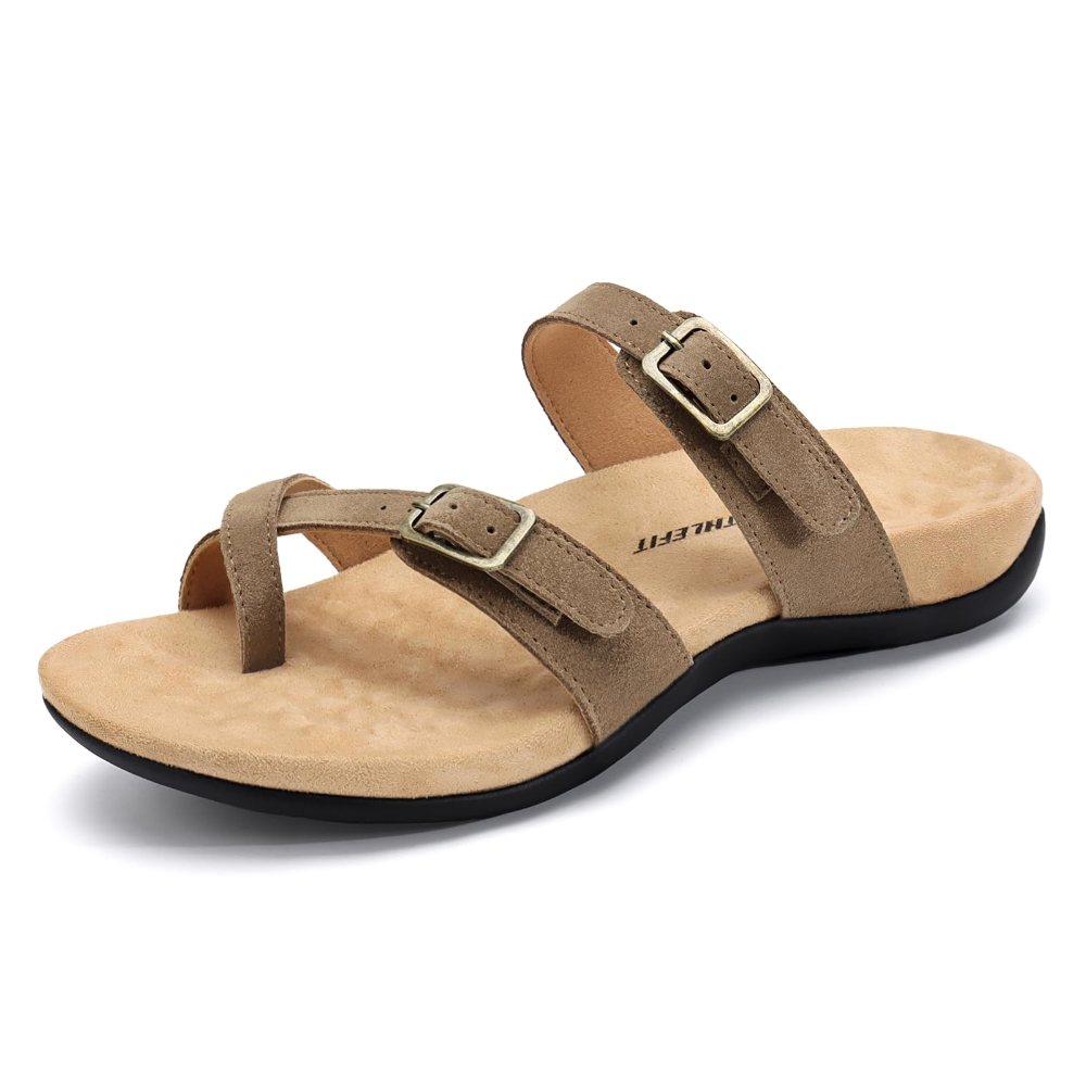 Athlefit Arch Support Buckle Toe Loop Sandal in Brown Suede